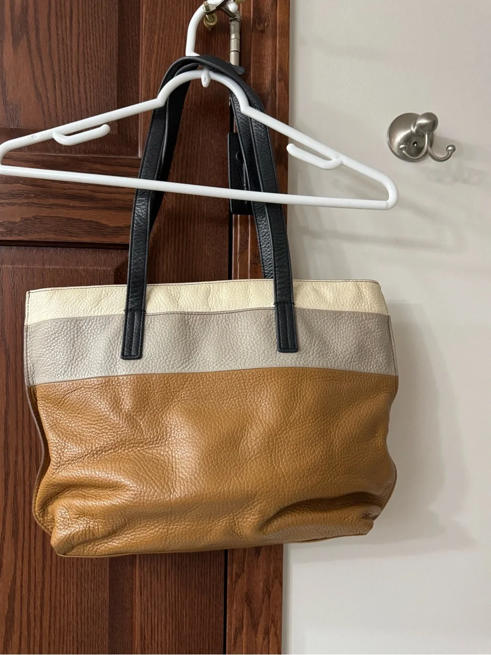 Fossil Tri-Panel Leather Tote in Tan, Cream & Gray with Black Straps
